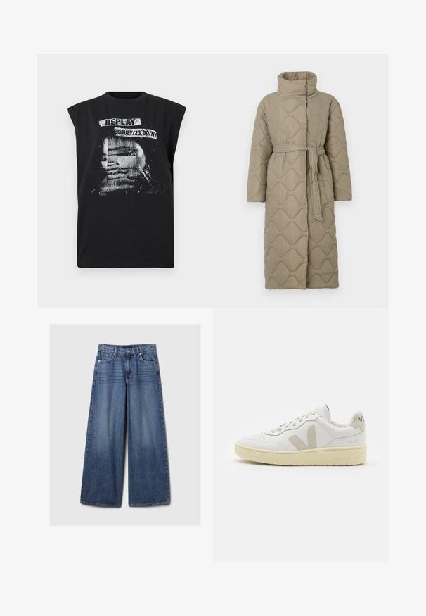 Long taupe quilted coat with high collar and matching fabric belt tied at the waist, featuring wave-pattern stitching throughout.; Replay Top - blackboard; Wide-leg blue denim jeans with a faded finish, featuring a button and zipper closure, five pockets, and belt loops.; White leather sneaker with beige suede accents, perforated toe box, flat laces, and a textured cream sole. Features subtle branding on heel.