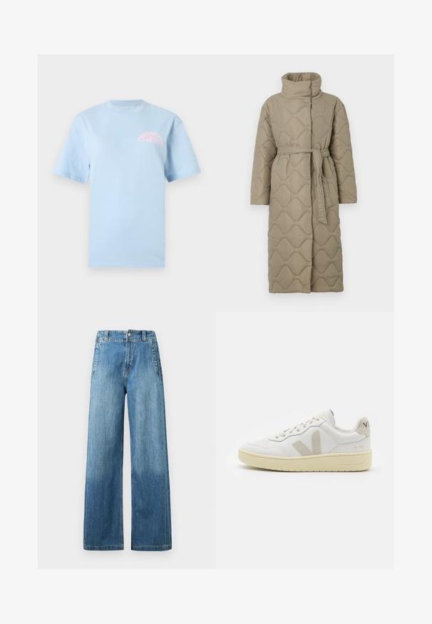 Lang taupe quiltet frakk med høy krage og belte i matchende stoff knyttet rundt livet, med bølgemønster-innsying gjennom hele frakken.; Lyseblå bomulls T-skjorte med korte ermer og rund hals. Har rosa tekstlogo på venstre brystområde. Glatt tekstur, avslappet passform.; Lyseblå denim bukser med vid ben og høy midje, med to frontlommer, belteholder og en subtil falmet tekstur.; Hvite lær sneakers med beige semsket detaljer, perforert tåboks, flate lisser og en teksturert kremfarget såle. Har subtil branding på hælen.