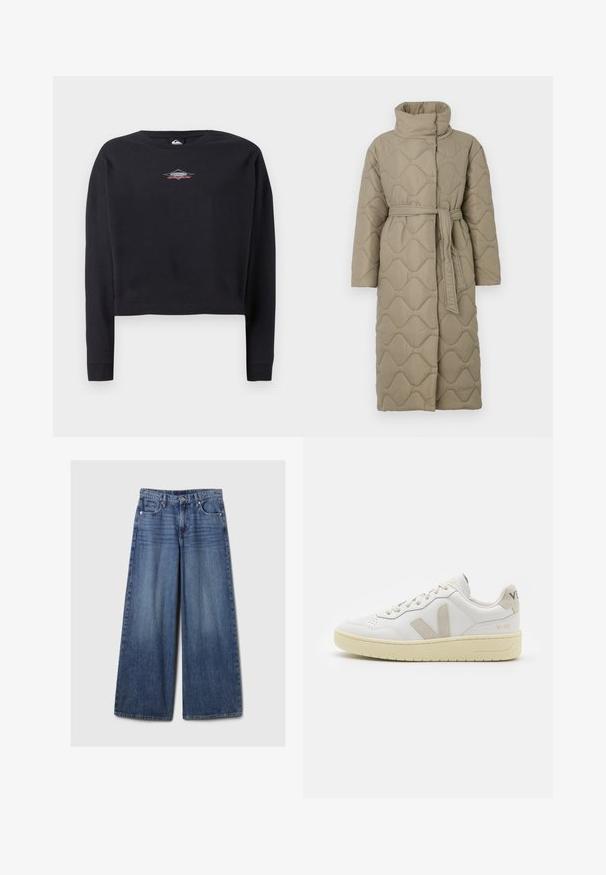 Dolga taupe puhovka s visokim ovratnikom in pasom iz iste tkanine, zavezanim na pasu, ki vsebuje šivane vzorce valov v celotni dolžini.; Črn skrajšan pulover iz bombaža, ki ima okroglo izrez in dolge rokave. Majhna grafika logotipa v sivi in rdeči barvi na prsih.; Široke jeans hlače iz modrega denima z bledečim finišem, z gumbom in zadrgo, petimi žepi in zanko za pas.; Bela usnjena tenisača z bež semiš poudarki, perforiranim prednjim delom, ravnimi vezalkami in strukturiranim kremnim podplatom. Ima diskretno blagovno znamko na peti.