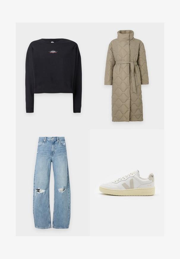 Langer taubefarbener gesteppter Mantel mit hohem Kragen und passendem Stoffgürtel, der in der Taille gebunden ist, mit Wellenmuster-Steppung. ; Schwarzer, kurzer Sweatshirt aus Baumwolle mit Rundhalsausschnitt und langen Ärmeln. Kleines Logo-Design in Grau und Rot auf der Brust.; Helles, hochtailliertes Jeans aus Denim. Hat weit geschnittene Beine, zwei aufgerissene Kniebereiche und klassischen Fünf-Taschen-Stil.; Weiße Ledersneaker mit beigen Wildlederakzenten, perforierte Zehenbox, flache Schnürsenkel und eine strukturierte cremefarbene Sohle. Mit dezentem Branding an der Ferse.