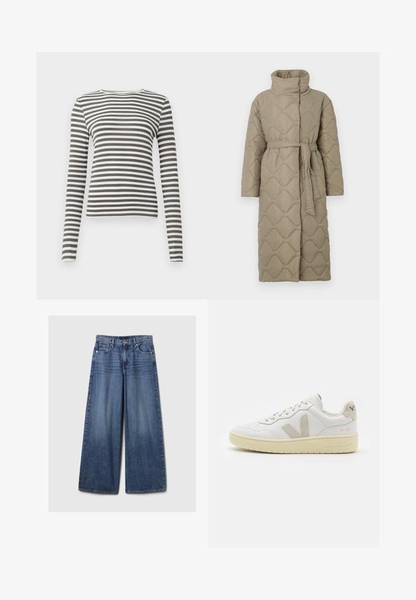 Garšs pelēkbrūns quiltēts mētelis ar augstu apkakli un atbilstošu auduma jostu, kas sasieta ap vidukli, ar viļņu raksta šuvēm visā virsmā.; Ilgi piedurkņu tops olīvzaļā un baltā svītrā. Ribota tekstūra, apaļa kakla izgriezums un pieguļošs siluets. Nav redzamu detaļu vai akcentu.; Platām kājām zila denima bikses ar izbalējušu apdari, ar pogu un rāvējslēdzēju, pieciem kabatām un jostu cilpām.; Baltas ādas sporta apavu pāris ar bēšiem zamša akcentiem, caurumiņu purngalā, plakanu šņorēšanu un teksturētu krēmkrāsas zoli. Iezīmējas ar diskrētu zīmolu uz papēža.