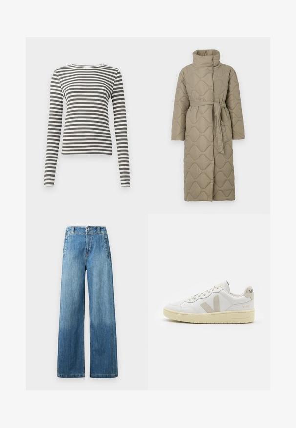 Lange taupe gekwiltde jas met hoge kraag en bijpassende stoffen riem die om de taille is geknoopt, met golfpatroon stiksel over het geheel.; Langemouwige top in olijfgroen met witte strepen. Ribbelstructuur, ronde halslijn en aangesloten pasvorm. Geen zichtbare hardware of accenten.; Lichtblauwe denim wijde jeans met een hoge taille, voorzien van twee frontzakken, riemlussen en een subtiele vervaagde textuur.; Witte leren sneaker met beige suède accenten, geperforeerde neus, platte veters en een gestructureerde crèmekleurige zool. Heeft subtiele branding op de hak.