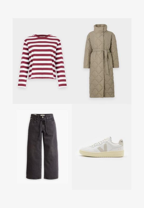 Langer taubefarbener gesteppter Mantel mit hohem Kragen und passendem Stoffgürtel, der in der Taille gebunden ist, mit Wellenmuster-Steppung. ; Selected Femme SLFESSENTIAL BOXY TEE - Langarmshirt - zinfandel; Schwarze, weit geschnittene Jeans aus Denim mit einem Zugbandbund, fünf Taschen und kontrastierenden Nahtdetails. Flacher Frontschnitt.; Weiße Ledersneaker mit beigen Wildlederakzenten, perforierte Zehenbox, flache Schnürsenkel und eine strukturierte cremefarbene Sohle. Mit dezentem Branding an der Ferse.