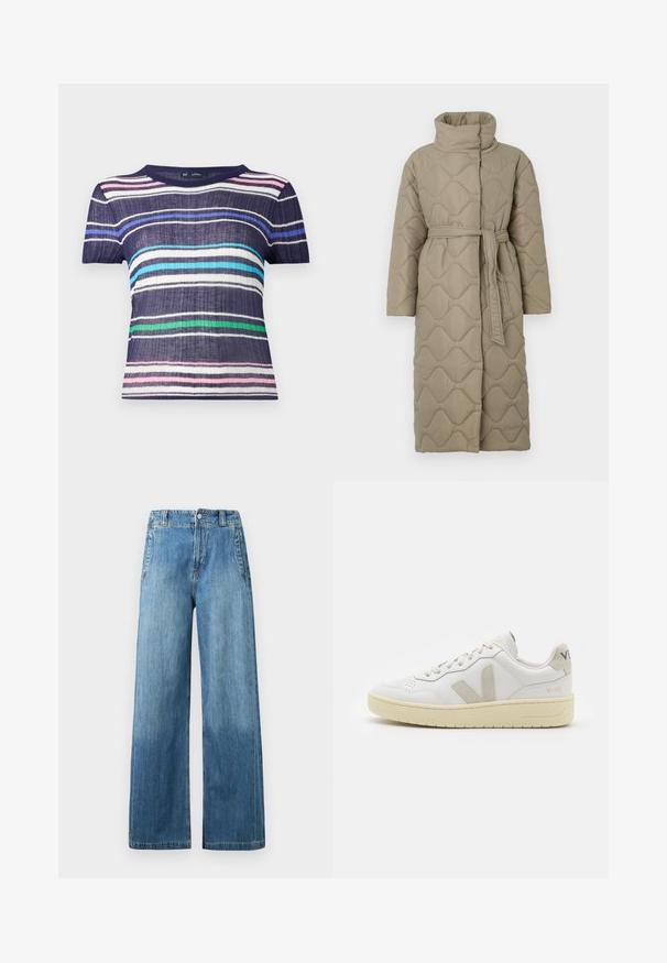 Pitkä taupe-värinen tikattu takki, jossa on korkea kaulus ja samaa kangasta oleva vyö solmittuna vyötärölle. Takissa on aallokkomuotoista tikkausta koko matkalta.; T-paita lyhyillä hihoilla, jossa on tummansinihe pohja ja vaakasuorat raidat vaaleanpunaisena, valkoisena, vaaleansinisenä, vihreänä ja tummansinisenä. Rakenne on teksturoitu.; Vaaleansiniset farkut, leveät lahkeet ja korkea vyötärö, joissa on kaksi etutaskua, vyölenkit ja hienovarainen haalistuma.; Valkoiset nahkakengät, joissa on vaaleanruskeat pigmenttisuojat, rei'itetty kärki, litteät nauhat ja teksturoitu kermaisa pohja. Takana on huomaamaton brändäys.