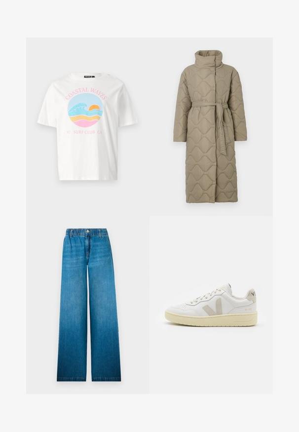 Garšs pelēkbrūns quiltēts mētelis ar augstu apkakli un atbilstošu auduma jostu, kas sasieta ap vidukli, ar viļņu raksta šuvēm visā virsmā.; Balta īsā piedurkņu T-kreklā ar grafisku dizainu, kas ietver viļņus, saulrietu un tekstu "COASTAL WAVES 97 SURF CLUB CA" rozā un zilā krāsā.; Plati kāju džinsi, kas izgatavoti no gaiši zilas džinsa auduma, ar elastīgu jostasvietu, pogu aizdari un taisnu griezumu ar izbalējušu efektu.; Baltas ādas sporta apavu pāris ar bēšiem zamša akcentiem, caurumiņu purngalā, plakanu šņorēšanu un teksturētu krēmkrāsas zoli. Iezīmējas ar diskrētu zīmolu uz papēža.
