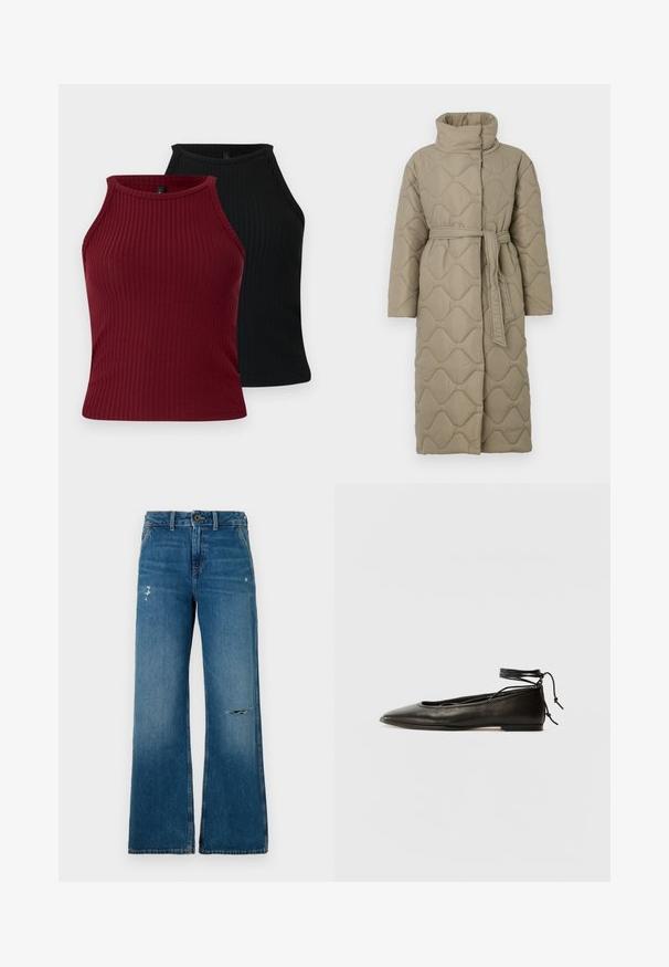 Garšs pelēkbrūns quiltēts mētelis ar augstu apkakli un atbilstošu auduma jostu, kas sasieta ap vidukli, ar viļņu raksta šuvēm visā virsmā.; Divas divi T-krekli: viens bordo un viens melns. Abi ir ar augstu kakla izgriezumu, pieguļošu formu un gludu tekstūru.; Zilas džinsu platās kājas bikses ar padziļinātu tekstūru, kurām ir divas nolietotas vietas priekšpusē, pogu aizdare un piecu kabatu dizains.; Melnas ādas baleta kurpes ar smailu purngalu, potītes saitēm un plakanu zoli, kas izceļas ar gludu tekstūru un minimālistisku dizainu.