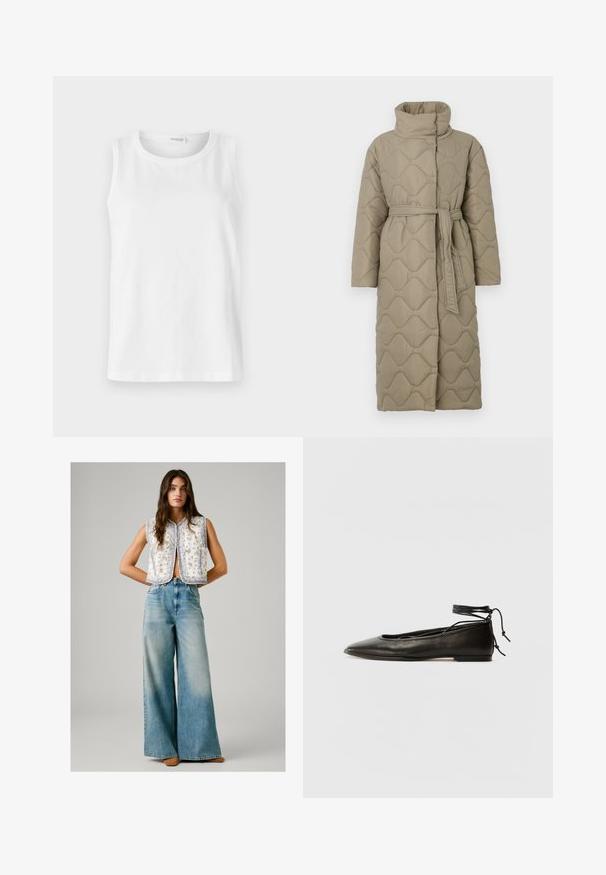 Long taupe quilted coat with high collar and matching fabric belt tied at the waist, featuring wave-pattern stitching throughout.; White sleeveless top made of soft cotton. Features a round neckline and straight cut. Plain design with no visible patterns or accents.; Woman wearing sleeveless white floral patterned vest paired with high-waisted wide-leg faded blue jeans and brown shoes, standing with hands behind back.; Black leather ballet flats with a pointed toe, ankle tie, and flat sole, featuring a smooth texture and minimalistic design.