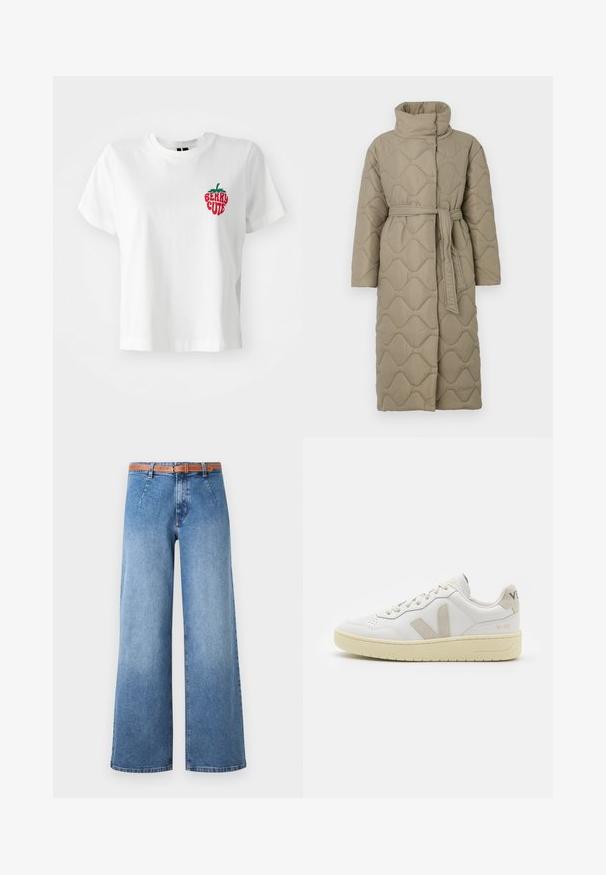 Long taupe quilted coat with high collar and matching fabric belt tied at the waist, featuring wave-pattern stitching throughout.; White cotton t-shirt with short sleeves and a round neckline, featuring a red and green embroidered strawberry with the text "BERRY CUTE."; Wide-leg blue denim jeans with a light wash, featuring a brown belt, front pockets, and a classic five-pocket design.; White leather sneaker with beige suede accents, perforated toe box, flat laces, and a textured cream sole. Features subtle branding on heel.