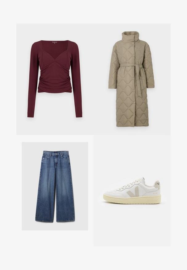 Dolga taupe puhovka s visokim ovratnikom in pasom iz iste tkanine, zavezanim na pasu, ki vsebuje šivane vzorce valov v celotni dolžini.; Burgundski top z dolgimi rokavi s kvadratnim izrezom, nabranimi stranicami in tesno prilegajočim krojem iz mehke, raztegljive tkanine.; Široke jeans hlače iz modrega denima z bledečim finišem, z gumbom in zadrgo, petimi žepi in zanko za pas.; Bela usnjena tenisača z bež semiš poudarki, perforiranim prednjim delom, ravnimi vezalkami in strukturiranim kremnim podplatom. Ima diskretno blagovno znamko na peti.