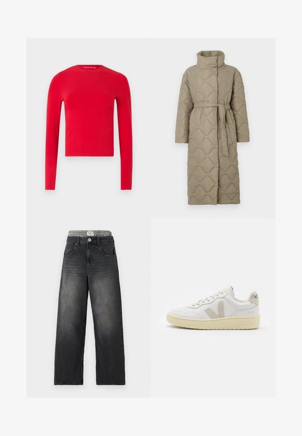 Langer taubefarbener gesteppter Mantel mit hohem Kragen und passendem Stoffgürtel, der in der Taille gebunden ist, mit Wellenmuster-Steppung. ; Rotes, langärmeliges, figurbetontes Crop-Top mit Rundhalsausschnitt und glatter Textur, vor einem einfarbigen hellen Hintergrund gezeigt.; Schwarze Jeans mit weitem Bein aus Denim und einem Hahnentritt-Muster am Bund. Merkmale sind Fronttaschen und ein Knopfverschluß. Mit einem abgenutzten Look.; Weiße Ledersneaker mit beigen Wildlederakzenten, perforierte Zehenbox, flache Schnürsenkel und eine strukturierte cremefarbene Sohle. Mit dezentem Branding an der Ferse.