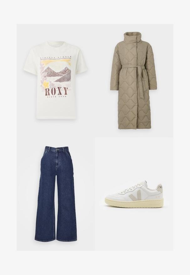 Pikk taupe värvi tikitud mantel kõrge kraega ja sobiva materjalist vööga, mis on seotud vöökohal, ning kogu ulatuses on lainelise mustriga tikand.; Valge puuvillane t-särk, millel on mägede ja päikeseloojanguga graafika looduslike toonide võtmes, siltidega "ROXY" ja "Lõputu Suvi". Klassikaline lõige, lühikesed varrukad.; Tumedast sinisest denimist laiad püksid, millel on kõrge vöökoht, ees olevad taskud ja metallnupuga tõmblukk. Sile tekstuur ja klassikaline disain.; Valge nahast tenniseking, millel on beežist siidist aktsent ja aukudega varvas, lame paelad ja tekstureeritud koorevärvi tallad. Omab nüansirikast brändimist kannal.