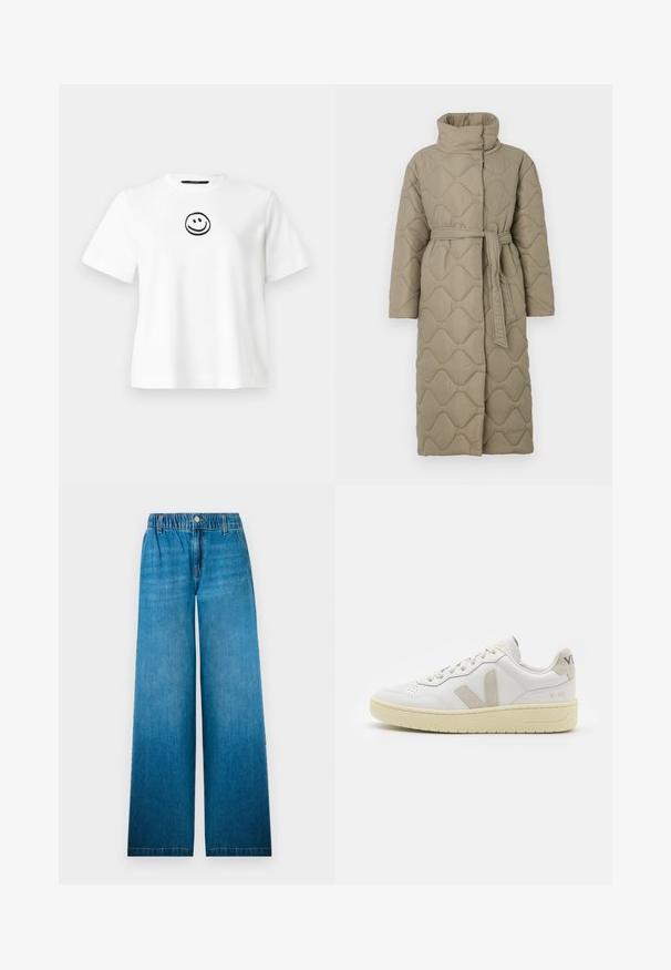 Garšs pelēkbrūns quiltēts mētelis ar augstu apkakli un atbilstošu auduma jostu, kas sasieta ap vidukli, ar viļņu raksta šuvēm visā virsmā.; Balta kokvilnas T-krekls ar īsām piedurknēm, apaļu kakla izgriezumu un centrā melnu izšūtu smaidošu seju. Gluda tekstūra.; Plati kāju džinsi, kas izgatavoti no gaiši zilas džinsa auduma, ar elastīgu jostasvietu, pogu aizdari un taisnu griezumu ar izbalējušu efektu.; Baltas ādas sporta apavu pāris ar bēšiem zamša akcentiem, caurumiņu purngalā, plakanu šņorēšanu un teksturētu krēmkrāsas zoli. Iezīmējas ar diskrētu zīmolu uz papēža.