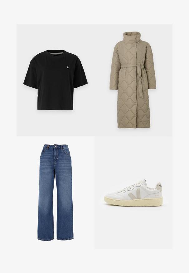 Long taupe quilted coat with high collar and matching fabric belt tied at the waist, featuring wave-pattern stitching throughout.; Black cropped t-shirt made of cotton, featuring short sleeves, a round neckline, and a small white logo on the left chest.; Wide-leg denim jeans made from medium-weight blue cotton fabric. Features classic five-pocket design and a zip fly with button closure.; White leather sneaker with beige suede accents, perforated toe box, flat laces, and a textured cream sole. Features subtle branding on heel.
