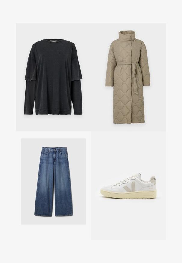 Dugi taupe kaput s kvadrama s visokim ovratnikom i remenom od istog materijala zavezanim u struku, s valovitim uzorkom šivanja kroz cijelu površinu.; Crna oversized majica kratkih rukava složena preko dolje s dugim rukavima. Izrađena od mekane, teksturirane tkanine s suptilnim detaljem logotipa.; Široke plave traperice s izblijedjelim finišom, s kopčanjem na gumb i patentni zatvarač, pet džepova i petljama za remen.; Bijele kožne tenisice s bež nubuk naglascima, perforiranim prednjim dijelom, ravnim čipkama i teksturiranom kremastom potplatom. Sadrži suptilni brend na pete.