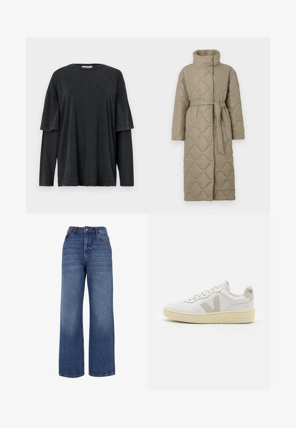 Garšs pelēkbrūns quiltēts mētelis ar augstu apkakli un atbilstošu auduma jostu, kas sasieta ap vidukli, ar viļņu raksta šuvēm visā virsmā.; Melna oversized T-kreklu ar īsām piedurknēm, kas pārklāta virs garām piedurknēm. Izgatavots no mīksta, teksturēta auduma ar vieglu logotipa detaļu.; Plati kāju džinsi izgatavoti no vidēji smaga zila kokvilnas auduma. Ievērojama klasiskā piecu kabatu dizaina un rāvējslēdzēja aizdare ar pogu.; Baltas ādas sporta apavu pāris ar bēšiem zamša akcentiem, caurumiņu purngalā, plakanu šņorēšanu un teksturētu krēmkrāsas zoli. Iezīmējas ar diskrētu zīmolu uz papēža.