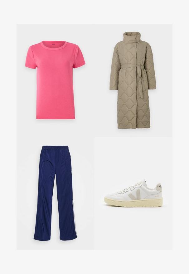 Manteau long en taupe matelassé avec col haut et ceinture en tissu assorti nouée à la taille, présentant des coutures en motif de vagues sur l'ensemble.; T-shirt à manches courtes, côtelé, en rose vif avec un col rond et une texture lisse. Présente le logo de la marque imprimé à l'intérieur du col.; Pantalons de sport navy avec une taille élastique, jambes droites et zippers sur les côtés. Présente des passepoils blancs le long des côtés. Texture de tissu lisse.; Baskets blanches en cuir avec des accents en daim beige, boîte à orteils perforée, lacets plats et semelle texturée crème. Présente un logo discret au talon.