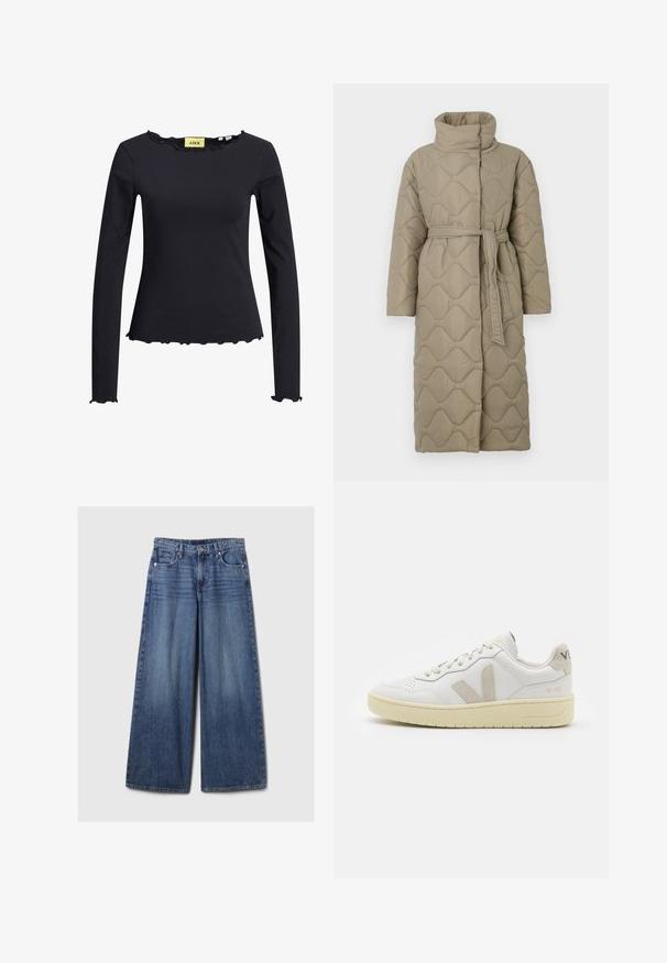 Pikk taupe värvi tikitud mantel kõrge kraega ja sobiva materjalist vööga, mis on seotud vöökohal, ning kogu ulatuses on lainelise mustriga tikand.; Pikad varrukad mustal topil, millel on volangiga kaelus ja äär. Valmistatud pehmest kangast, sellel on kehakumer disain ja minimaalne bränding sees.; Laiad sinised denimpüksid, millel on pleekinud viimistlus, nupp ja lukuga sulgemine, viis taskut ning vööaasad.; Valge nahast tenniseking, millel on beežist siidist aktsent ja aukudega varvas, lame paelad ja tekstureeritud koorevärvi tallad. Omab nüansirikast brändimist kannal.