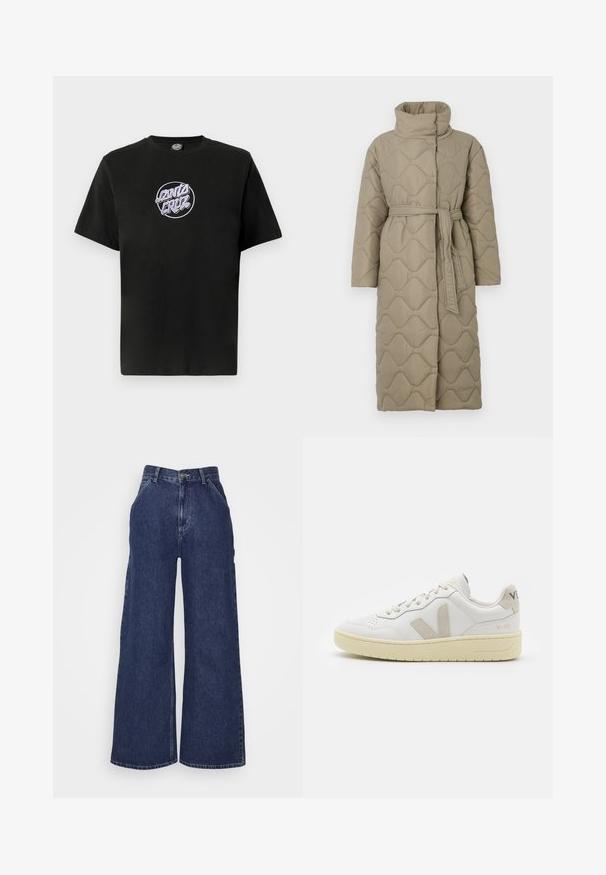 Dugi taupe kaput s kvadrama s visokim ovratnikom i remenom od istog materijala zavezanim u struku, s valovitim uzorkom šivanja kroz cijelu površinu.; Crna pamukasta majica s kratkim rukavima koja ima kružni ljubičasti izvezeni logo "Santa Cruz" na prsima. Jednostavna okrugla izrez.; Široke traperice tamnoplave boje, s visokim strukom, prednjim džepovima i zatvaračem s metalnim gumbom. Glatka tekstura i klasičan dizajn.; Bijele kožne tenisice s bež nubuk naglascima, perforiranim prednjim dijelom, ravnim čipkama i teksturiranom kremastom potplatom. Sadrži suptilni brend na pete.