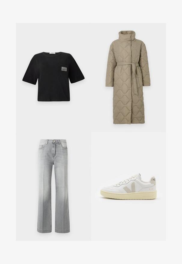 Lang taupe quiltet frakk med høy krage og belte i matchende stoff knyttet rundt livet, med bølgemønster-innsying gjennom hele frakken.; Svart avkortet t-skjorte laget av bomull, med rund hals og korte ermer. Inkluderer en lappelomme med en "REPLAY"-etikett.; Grå vide jeans laget av denim, med et falmet utseende, frontlommer og lukking med knapper. Slett tekstur og jevn søm.; Hvite lær sneakers med beige semsket detaljer, perforert tåboks, flate lisser og en teksturert kremfarget såle. Har subtil branding på hælen.