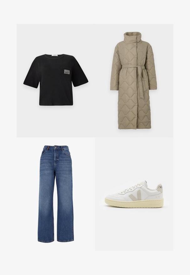 Lang taupe quiltet frakke med høj krave og bælte i matchende stof bundet i taljen, med bølge-mønster syninger over hele.; Sort cropped t-shirt lavet af bomuld, med rund halsudskæring og korte ærmer. Inkluderer en lomme med en "REPLAY" label.; Breddebenet denim jeans lavet af medium-vægt blå bomuldsstof. Har klassisk fem-lomme design og en lynlås med knaplukning.; Hvide lærreds sneakers med beige ruskindsdetaljer, perforeret tåboks, flade snørebånd og en struktureret cremefarvet sål. Har diskret branding på hælen.