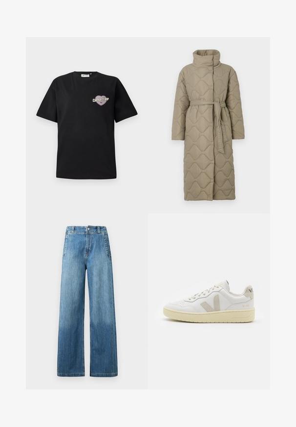 Pikk taupe värvi tikitud mantel kõrge kraega ja sobiva materjalist vööga, mis on seotud vöökohal, ning kogu ulatuses on lainelise mustriga tikand.; Must musta särk, millel on lühikesed varrukad, ja millel on südamekujuline graafika lilla ja beeži värviga, koos tekstiga "Carhartt WIP 1989".; Heledad sinine denim laiad püksid kõrge vöökoha ja kahe esih pocketsiga, vöökohad ning kerge kulumise tekstuur.; Valge nahast tenniseking, millel on beežist siidist aktsent ja aukudega varvas, lame paelad ja tekstureeritud koorevärvi tallad. Omab nüansirikast brändimist kannal.