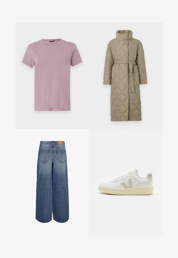 Dugi taupe kaput s kvadrama s visokim ovratnikom i remenom od istog materijala zavezanim u struku, s valovitim uzorkom šivanja kroz cijelu površinu.; Muška majica s kratkim rukavima u svijetloj ljubičastoj boji, izrađena od mekog materijala. Klasičan kroj, s glatkom teksturom i bez vidljivih uzoraka.; Široke traper culotte hlače u srednje plavoj boji s izblijedjelom teksturom, s dvije stražnje vrećice i smeškim kožnim oznakom branda na pojasu.; Bijele kožne tenisice s bež nubuk naglascima, perforiranim prednjim dijelom, ravnim čipkama i teksturiranom kremastom potplatom. Sadrži suptilni brend na pete.