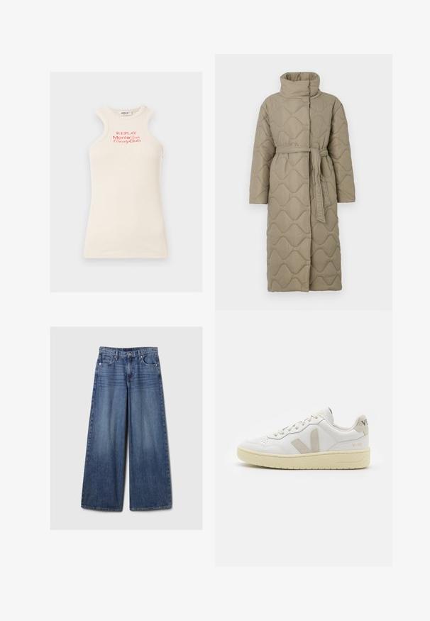 Dlhý taupe prešívaný kabát s vysokým golierom a opaskom z rovnakého materiálu viazaným v páse, so štepovaním vlnkového vzoru po celej ploche.; Hladká, bezramienková top s jemne béžovou farbou a červeným logom "REPLAY Monte Carlo Country Club". Má vysoký výstrih a jedinečný dizajn ramien.; Džíny s širokými nohavicami v modrej farbe s vyblednutým povrchom, s gombíkom a zipsom, piatimi vreckami a pútkami na opasok.; Biele kožené tenisky s béžovými semišovými akcentmi, perforovanou špičkou, plochými šnúrkami a textúrovanou krémovou podrážkou. Obsahujú jemné označenie na päte.