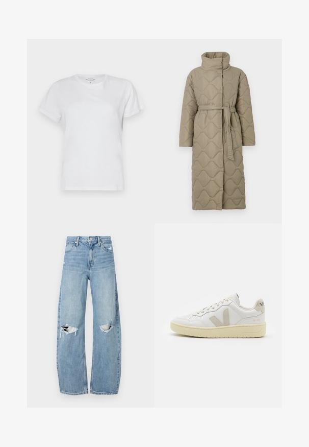 Ilgas taupe spalvos siuvinėtas paltas su aukštu apykakle ir derančiu audinio diržu, suvytu juosmenyje, su banguotu raštu siuvinėjimu visame paviršiuje.; Balta medvilninė marškinė su trumpomis rankovėmis, V formos iškirpte ir lygia tekstūra. Nėra matomų raštų ar akcentų. Standartinio silueto.; Šviesiai mėlynos, aukštu juosmeniu džinsai pagaminti iš džinsinio audinio. Turi plačias kojų kelnes, dvi suplėšytas kelio vietas ir klasikinį penkių kišenių dizainą.; Balti odiniai sportbačiai su kreminiais zomšos akcentais, perforuota pirštų dalimi, plokščiomis raišteliais ir struktūruota kreminėmis padomis. Ant kulno yra subtilus ženklinimas.