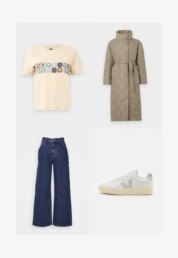 Dugi taupe kaput s kvadrama s visokim ovratnikom i remenom od istog materijala zavezanim u struku, s valovitim uzorkom šivanja kroz cijelu površinu.; Tijelo od boje kreme od pamuka s horizontalnim blok uzorkom stiliziranih cvjetova u raznim bojama. Kratki rukavi i okrugli izrez.; Široke traperice tamnoplave boje, s visokim strukom, prednjim džepovima i zatvaračem s metalnim gumbom. Glatka tekstura i klasičan dizajn.; Bijele kožne tenisice s bež nubuk naglascima, perforiranim prednjim dijelom, ravnim čipkama i teksturiranom kremastom potplatom. Sadrži suptilni brend na pete.