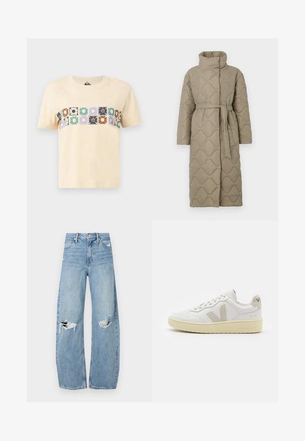 Dolga taupe puhovka s visokim ovratnikom in pasom iz iste tkanine, zavezanim na pasu, ki vsebuje šivane vzorce valov v celotni dolžini.; Kremna bombažna majica z okroglim izrezom, ki ima horizontalni blok vzorec stiliziranih cvetlic v različnih barvah. Kratki rokavi.; Svijetloplave traperice visoki struk. Imaju široke nogavice, dva poderana područja na koljenima i klasičan petotoksi stil.; Bela usnjena tenisača z bež semiš poudarki, perforiranim prednjim delom, ravnimi vezalkami in strukturiranim kremnim podplatom. Ima diskretno blagovno znamko na peti.