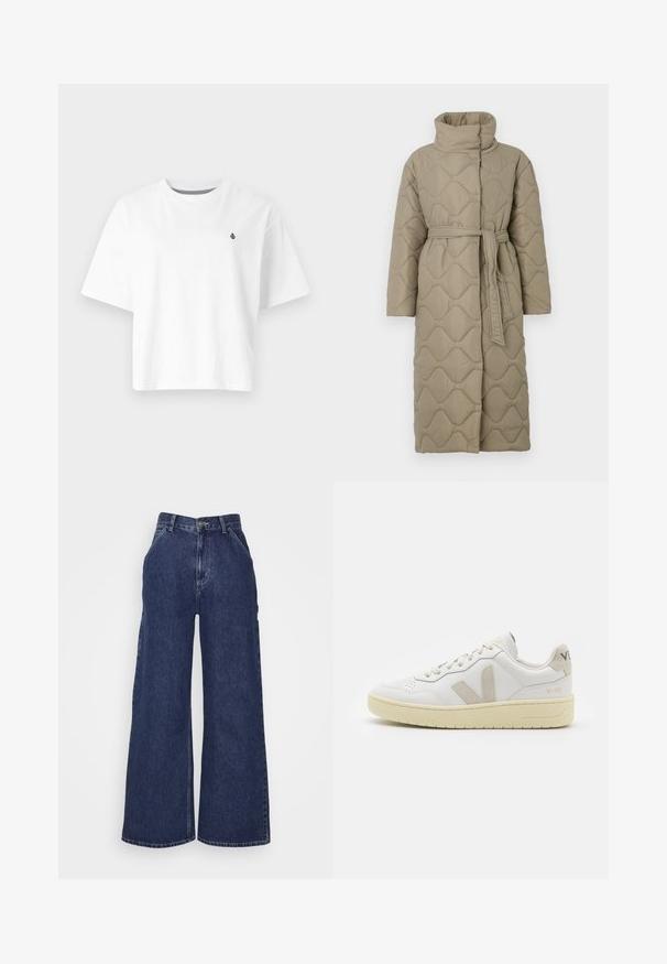 Cappotto lungo color taupe trapuntato con alto colletto e cintura in tessuto abbinato legata in vita, caratterizzato da cuciture a motivo ondulato in tutto il capo.; T-shirt bianca in cotone, design corto, maniche corte, scollatura rotonda, con un piccolo logo nero sul lato sinistro del petto.; Jeans in denim a gamba larga di colore blu scuro, con vita alta, tasche frontali e chiusura a zip con bottone metallico. Texture liscia e design classico.; Sneaker in pelle bianca con dettagli in suede beige, punta perforata, lacci piatti e suola testurizzata color crema. Presenta un logo discreto sul tallone.