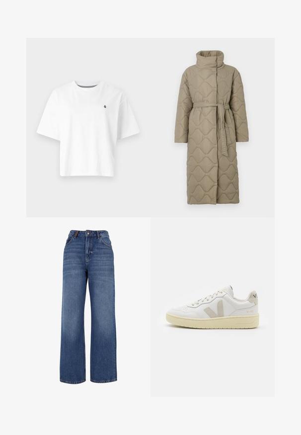 Lange taupe gekwiltde jas met hoge kraag en bijpassende stoffen riem die om de taille is geknoopt, met golfpatroon stiksel over het geheel.; Witte katoenen T-shirt, cropped ontwerp, korte mouwen, ronde halslijn, met een klein zwart logo op de linkerborst.; Wijdgesneden denim jeans van middelzware blauwe katoenstof. Bevat een klassieke vijf-pocket ontwerp en een ritssluiting met knoopsluiting.; Witte leren sneaker met beige suède accenten, geperforeerde neus, platte veters en een gestructureerde crèmekleurige zool. Heeft subtiele branding op de hak.