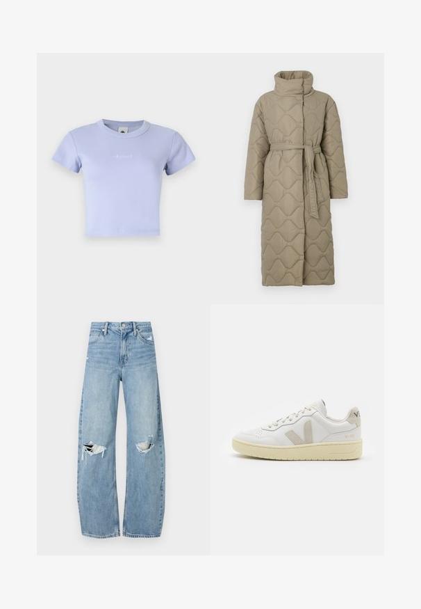 Długi, taupe'owy, pikowany płaszcz z wysokim kołnierzem i pasującym paskiem z materiału związanym w talii, z falistym wzorem przeszyć na całej powierzchni.; Jasnofioletowa, prążkowana bawełniana bluzka crop z krótkimi rękawami i okrągłym dekoltem. Z przodu delikatna, haftowana logo.; Jasnoniebieskie, wysokiej talii dżinsy wykonane z denimu. Posiadają szerokie nogawki, dwa podarte miejsca na kolanach oraz klasyczne pięć kieszeni.; Białe skórzane trampki z beżowymi zamszowymi akcentami, perforowanym noskiem, płaskimi sznurowadłami i teksturowaną kremową podeszwą. Posiadają subtelne logo na pięcie.