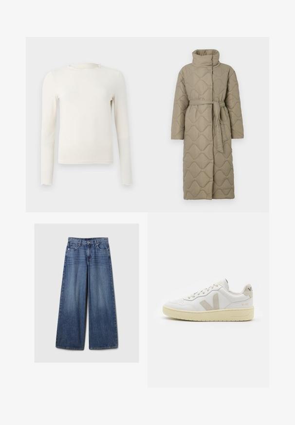 Dugi taupe kaput s kvadrama s visokim ovratnikom i remenom od istog materijala zavezanim u struku, s valovitim uzorkom šivanja kroz cijelu površinu.; Dugi rukav, kremasti uski top s volanima na okruglom izrezu i rubu, prikazan na jednostavnoj svijetlosivoj pozadini.; Široke plave traperice s izblijedjelim finišom, s kopčanjem na gumb i patentni zatvarač, pet džepova i petljama za remen.; Bijele kožne tenisice s bež nubuk naglascima, perforiranim prednjim dijelom, ravnim čipkama i teksturiranom kremastom potplatom. Sadrži suptilni brend na pete.