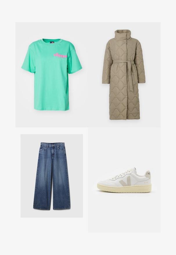 Pikk taupe värvi tikitud mantel kõrge kraega ja sobiva materjalist vööga, mis on seotud vöökohal, ning kogu ulatuses on lainelise mustriga tikand.; Ellesse CAMPOFELICE - Trükipildiga T-särk - green; Laiad sinised denimpüksid, millel on pleekinud viimistlus, nupp ja lukuga sulgemine, viis taskut ning vööaasad.; Valge nahast tenniseking, millel on beežist siidist aktsent ja aukudega varvas, lame paelad ja tekstureeritud koorevärvi tallad. Omab nüansirikast brändimist kannal.