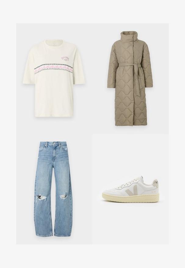 Długi, taupe'owy, pikowany płaszcz z wysokim kołnierzem i pasującym paskiem z materiału związanym w talii, z falistym wzorem przeszyć na całej powierzchni.; Biała bawełniana koszulka z krótkim rękawem, z poziomym, wielokolorowym wzorem fal oraz trójkątnymi akcentami na piersi.; Jasnoniebieskie, wysokiej talii dżinsy wykonane z denimu. Posiadają szerokie nogawki, dwa podarte miejsca na kolanach oraz klasyczne pięć kieszeni.; Białe skórzane trampki z beżowymi zamszowymi akcentami, perforowanym noskiem, płaskimi sznurowadłami i teksturowaną kremową podeszwą. Posiadają subtelne logo na pięcie.