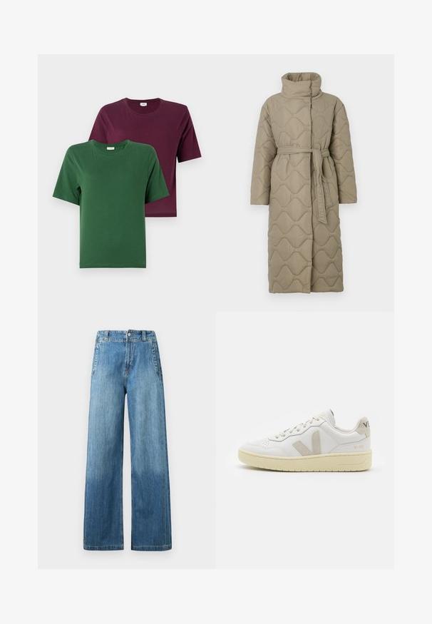 Ilgas taupe spalvos siuvinėtas paltas su aukštu apykakle ir derančiu audinio diržu, suvytu juosmenyje, su banguotu raštu siuvinėjimu visame paviršiuje.; Du dvi trumpomis rankovėmis marškiniai: vieni žali, kiti bordo, pagaminti iš lygaus medvilnės, turintys apvalius kaklus ir paprastus dizainus.; Šviesiai mėlynos džinsinės plačios kojos kelnės su aukštu liemeniu, turinčios dvi priekinės kišenes, diržo kilpos ir subtilų nusidėvėjimo efektą.; Balti odiniai sportbačiai su kreminiais zomšos akcentais, perforuota pirštų dalimi, plokščiomis raišteliais ir struktūruota kreminėmis padomis. Ant kulno yra subtilus ženklinimas.