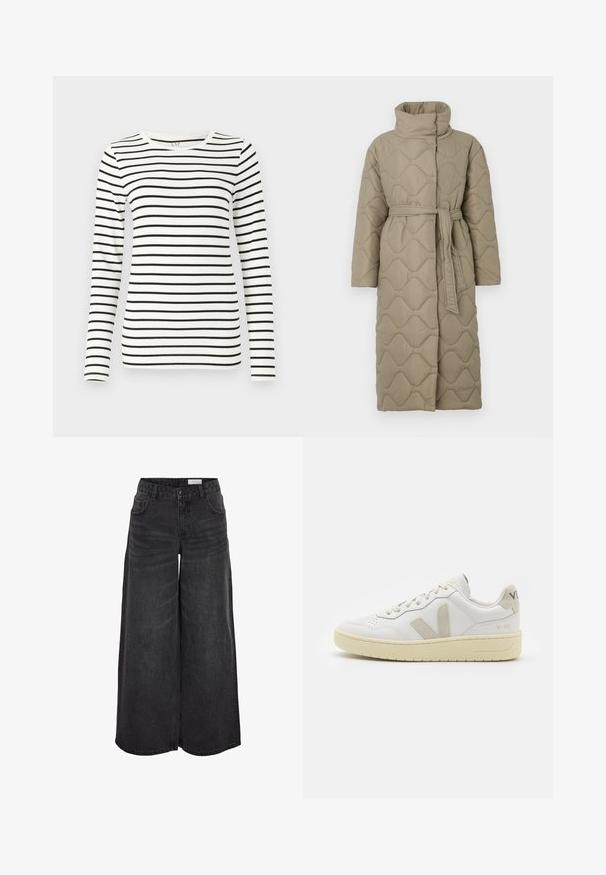 Lange taupe gekwiltde jas met hoge kraag en bijpassende stoffen riem die om de taille is geknoopt, met golfpatroon stiksel over het geheel.; Langsleeve gestreept shirt met horizontale zwart-witte strepen, een ronde halslijn en een gladde katoenstoftextuur.; Zwarte denim broek met wijde pijpen en hoge taille, voorzien van voorzakken en een subtiele textuur; ontworpen voor een ontspannen pasvorm.; Witte leren sneaker met beige suède accenten, geperforeerde neus, platte veters en een gestructureerde crèmekleurige zool. Heeft subtiele branding op de hak.