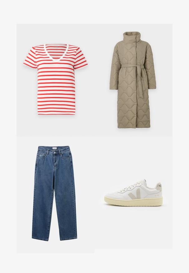 Ilgas taupe spalvos siuvinėtas paltas su aukštu apykakle ir derančiu audinio diržu, suvytu juosmenyje, su banguotu raštu siuvinėjimu visame paviršiuje.; Raudonai ir baltai dryžuota V-formos iškirptė marškinėliai, pagaminti iš minkštos medvilnės, su trumpomis rankovėmis ir laisva siluetu. Paprastas dizainas su lygiais dryžiais.; Klasikiniai mėlynos džinsinio audinio džinsai su tiesiomis kojomis, penkiomis kišenėmis ir mygtukų uždarymu. Pasižymi vidutiniu skalbimu ir tvirtu audiniu.; Balti odiniai sportbačiai su kreminiais zomšos akcentais, perforuota pirštų dalimi, plokščiomis raišteliais ir struktūruota kreminėmis padomis. Ant kulno yra subtilus ženklinimas.