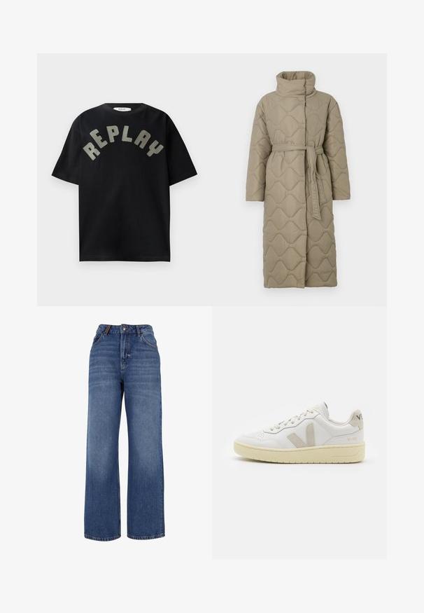 Dlouhý taupe prošívaný kabát s vysokým límcem a opaskem ze stejného materiálu svázaným v pase, se vzorem vlnkového šití po celém povrchu.; Černé bavlněné tričko s krátkým rukávem a kulatým výstřihem, na přední straně je zakřivený, velký, světle šedý grafický nápis "REPLAY".; Džínové kalhoty s širokými nohavicemi vyrobené z modré středně těžké bavlněné látky. Mají klasický design s pěti kapsami a zip s knoflíkovým zapínáním.; Bílé kožené tenisky s béžovými semišovými akcenty, perforovanou špičkou, plochými tkaničkami a strukturovanou krémovou podešví. Obsahují jemné logo na patě.