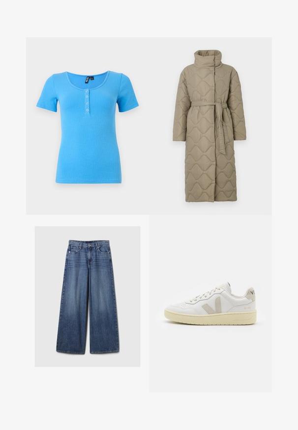 Manteau lung de culoare taupe, matlasat, cu guler înalt și curea din același material legată în talie, având o broderie în formă de valuri pe întreaga suprafață.; Tricou cu mânecă scurtă, îmbălsămat, de culoare albastră vibrantă. Prezintă un decolteu rotund și o banda cu trei butoane în față. Material moale și elastic.; Blugi din denim albastru cu picioare largi, având un finisaj uzat, cu închidere prin buton și fermoar, cinci buzunare și curea.; Pantofii sport din piele albă cu accente din suede bej, cutie pentru degete perforată, șireturi plate și o talpă texturată de crem. Prezintă branding subtil pe călcâi.