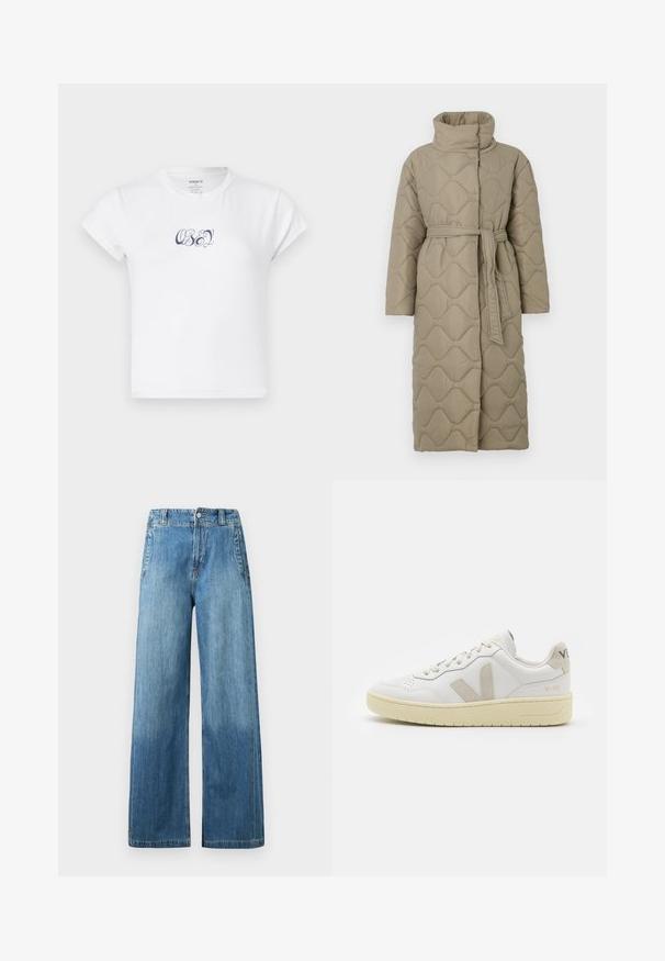 Dlhý taupe prešívaný kabát s vysokým golierom a opaskom z rovnakého materiálu viazaným v páse, so štepovaním vlnkového vzoru po celej ploche.; Biela bavlnená tričko s krátkymi rukávmi a okrúhlym výstrihom, s tmavomodrým grafickým textom "OBEY" na prednej strane. Hladká textura.; Svetlomodré denimové nohavice so širokými nohavicami a vysokým pásom, ktoré majú dve predné vrecká, páskové slučky a jemne vyblednutú štruktúru.; Biele kožené tenisky s béžovými semišovými akcentmi, perforovanou špičkou, plochými šnúrkami a textúrovanou krémovou podrážkou. Obsahujú jemné označenie na päte.