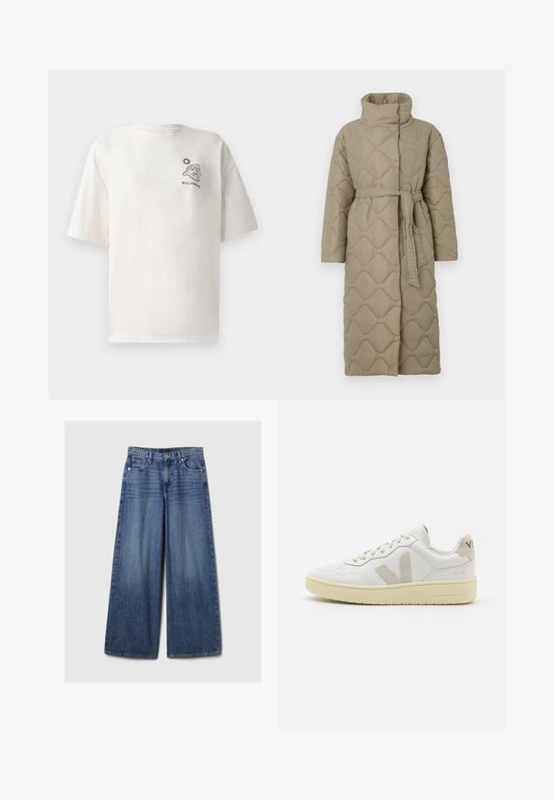 Dugi taupe kaput s kvadrama s visokim ovratnikom i remenom od istog materijala zavezanim u struku, s valovitim uzorkom šivanja kroz cijelu površinu.; Majica od pamučne tkanine boje vrhnje s kratkim rukavima, koja na prednjoj strani ima grafiku vala i sunca, te tekst "BILLABONG".; Široke plave traperice s izblijedjelim finišom, s kopčanjem na gumb i patentni zatvarač, pet džepova i petljama za remen.; Bijele kožne tenisice s bež nubuk naglascima, perforiranim prednjim dijelom, ravnim čipkama i teksturiranom kremastom potplatom. Sadrži suptilni brend na pete.