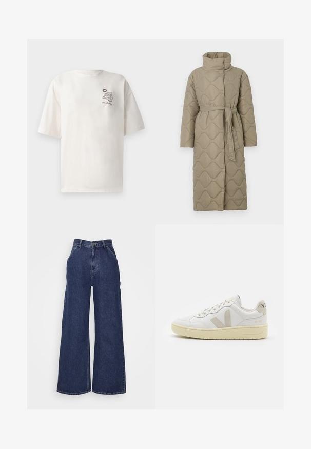 Pitkä taupe-värinen tikattu takki, jossa on korkea kaulus ja samaa kangasta oleva vyö solmittuna vyötärölle. Takissa on aallokkomuotoista tikkausta koko matkalta.; Kermavaaleinen puuvillainen T-paita lyhyillä hihoilla, jossa on aaltoa ja aurinkoa kuvaava graafinen painatus sekä "BILLABONG"-teksti edessä.; Housut tummansinisestä denimmateriaalista, joissa on leveät lahkeet ja korkea vyötärö. Edessä taskut ja vetoketjulla suljettava metallinappi. Tasainen pinta ja klassinen muotoilu.; Valkoiset nahkakengät, joissa on vaaleanruskeat pigmenttisuojat, rei'itetty kärki, litteät nauhat ja teksturoitu kermaisa pohja. Takana on huomaamaton brändäys.