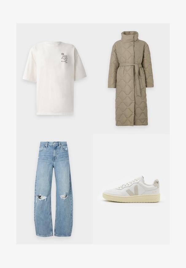 Dlhý taupe prešívaný kabát s vysokým golierom a opaskom z rovnakého materiálu viazaným v páse, so štepovaním vlnkového vzoru po celej ploche.; Krémové bavlnené tričko s krátkymi rukávmi, s grafikou vlny a slnka a textom "BILLABONG" na prednej strane.; Svetlomodré, vysoké džínsy vyrobené z denimu. Majú široké nohavice, dve roztrhnuté kolená a klasický päťvreckový strih.; Biele kožené tenisky s béžovými semišovými akcentmi, perforovanou špičkou, plochými šnúrkami a textúrovanou krémovou podrážkou. Obsahujú jemné označenie na päte.