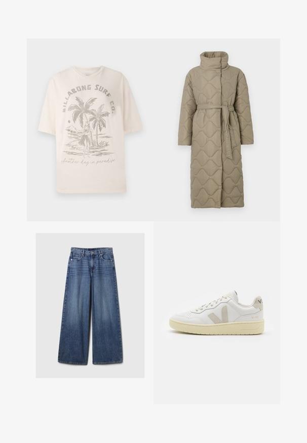 Long taupe quilted coat with high collar and matching fabric belt tied at the waist, featuring wave-pattern stitching throughout.; Cream-colored cotton t-shirt with short sleeves, featuring a graphic of palm trees and a figure on the front, text reads "Another day in paradise."; Wide-leg blue denim jeans with a faded finish, featuring a button and zipper closure, five pockets, and belt loops.; White leather sneaker with beige suede accents, perforated toe box, flat laces, and a textured cream sole. Features subtle branding on heel.