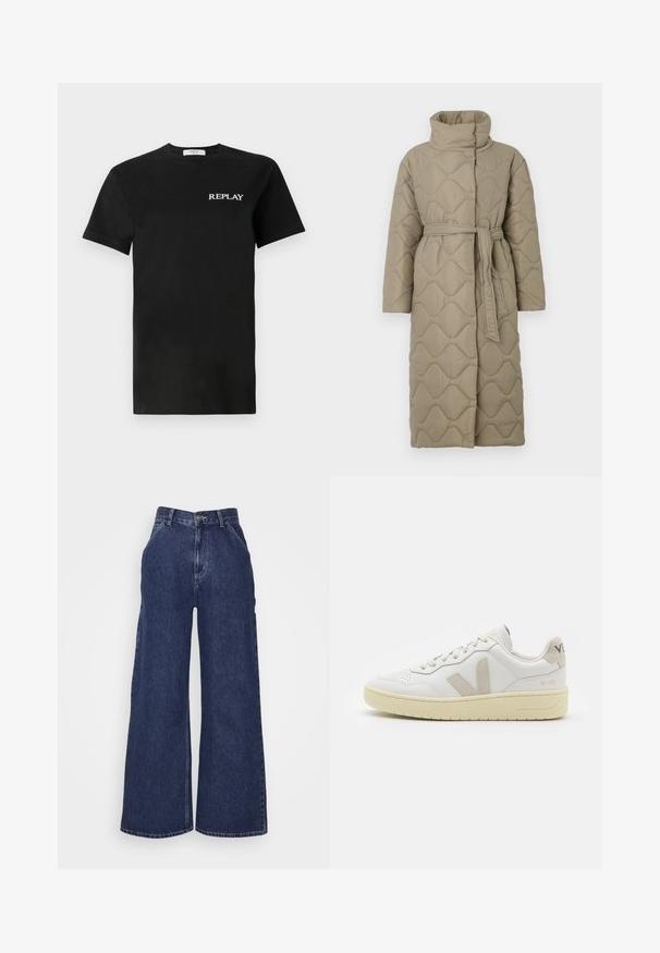 Lang taupe quiltet frakke med høj krave og bælte i matchende stof bundet i taljen, med bølge-mønster syninger over hele.; Sort bomulds T-shirt med korte ærmer, med et hvidt "REPLAY" logo på venstre bryst. Klassisk rund hals design.; Bredde denimjeans i mørkeblå, med høj talje, for- og baglommer samt lynlås med metalknap. Glat tekstur og klassisk design.; Hvide lærreds sneakers med beige ruskindsdetaljer, perforeret tåboks, flade snørebånd og en struktureret cremefarvet sål. Har diskret branding på hælen.