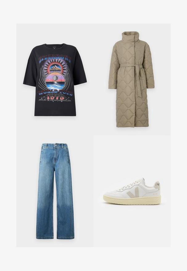 Dlouhý taupe prošívaný kabát s vysokým límcem a opaskem ze stejného materiálu svázaným v pase, se vzorem vlnkového šití po celém povrchu.; Černé oversized tričko s barevným grafickým designem zahrnujícím hory, slunce a vodní prvky. Text obsahuje "Billabong World Tour 1973."; Světle modré džíny širokého střihu s vysokým pasem, obsahující dvě přední kapsy, poutka na opasek a jemně vybledlý vzhled.; Bílé kožené tenisky s béžovými semišovými akcenty, perforovanou špičkou, plochými tkaničkami a strukturovanou krémovou podešví. Obsahují jemné logo na patě.