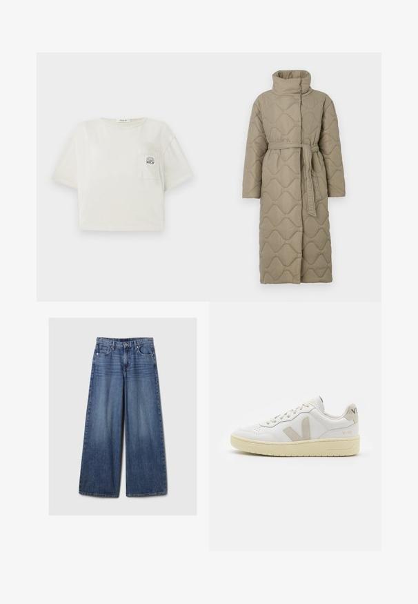 Dolga taupe puhovka s visokim ovratnikom in pasom iz iste tkanine, zavezanim na pasu, ki vsebuje šivane vzorce valov v celotni dolžini.; Skrajšana majica s kratkimi rokavi v off-white barvi iz bombaža. Ima sprednji žep s tiskanem logotipom in okrogel izrez. Gladka tekstura.; Široke jeans hlače iz modrega denima z bledečim finišem, z gumbom in zadrgo, petimi žepi in zanko za pas.; Bela usnjena tenisača z bež semiš poudarki, perforiranim prednjim delom, ravnimi vezalkami in strukturiranim kremnim podplatom. Ima diskretno blagovno znamko na peti.