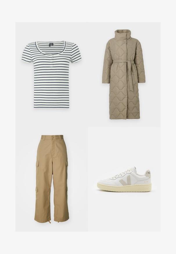 Ilgas taupe spalvos siuvinėtas paltas su aukštu apykakle ir derančiu audinio diržu, suvytu juosmenyje, su banguotu raštu siuvinėjimu visame paviršiuje.; Ribota trumpomis rankovėmis palaidinė su apvaliu iškirpimu, su horizontaliais tamsiai mėlynais ir baltais dryžiais bei trimis mygtukais priekyje.; Šviesiai rudos spalvos cargo kelnės su aukštu liemeniu, plačiomis kojomis ir keturiomis didelėmis šoninėmis kišenėmis. Pagamintos iš patvarios medžiagos su lygiu paviršiumi ir minimaliais detalėmis.; Balti odiniai sportbačiai su kreminiais zomšos akcentais, perforuota pirštų dalimi, plokščiomis raišteliais ir struktūruota kreminėmis padomis. Ant kulno yra subtilus ženklinimas.